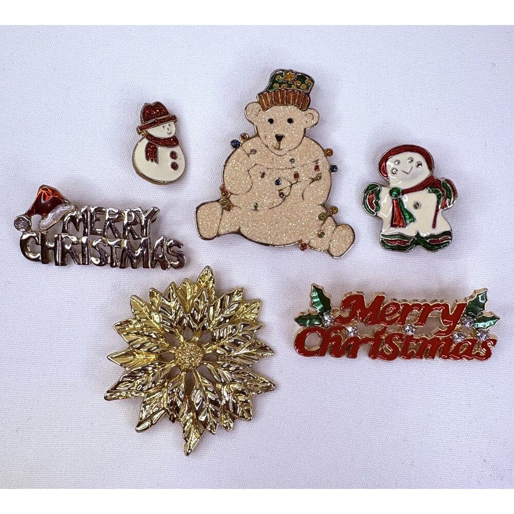 Lot Of 6 Christmas Holiday Brooches Pins